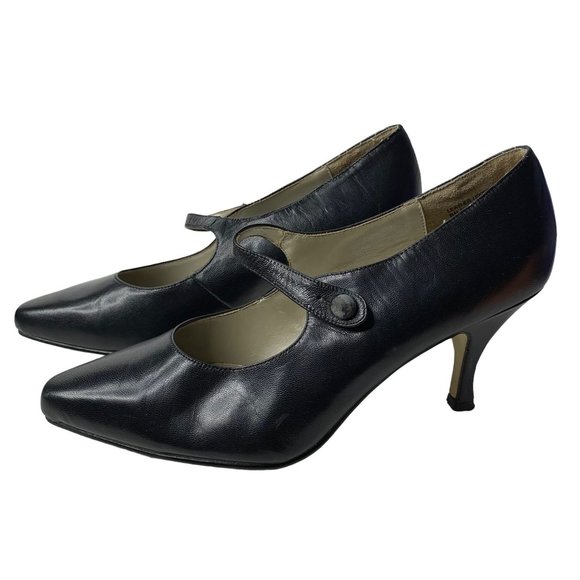 Candid Statements Shoes - Candid Statements Mary Jane Pumps 9.5m Black Almond Toe Button Strap High Heels